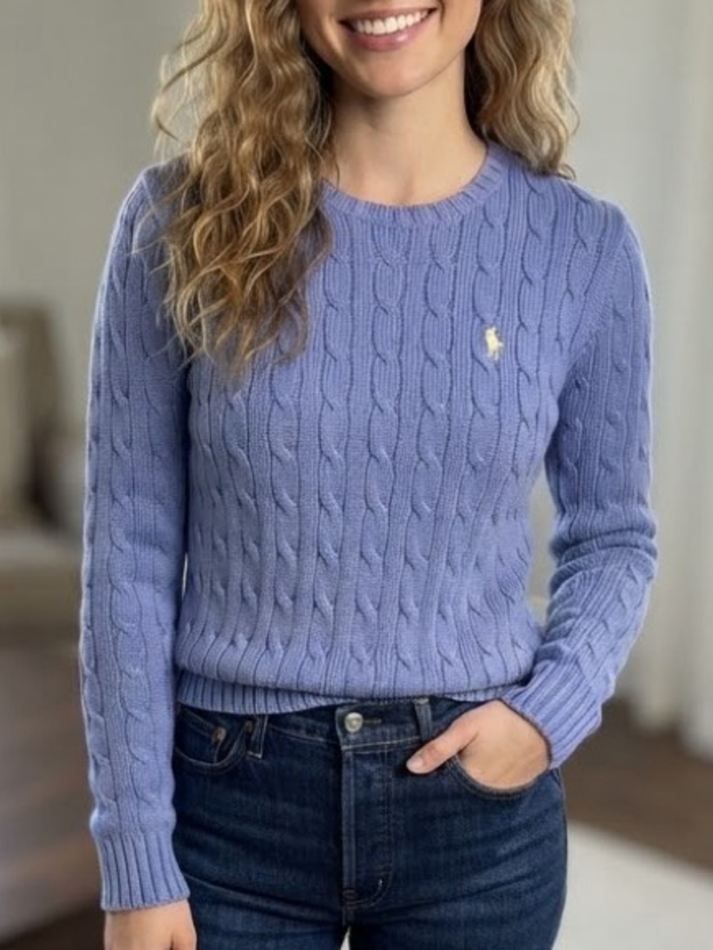 Vtg Ralph Lauren Blue Cotton Cable-Knit Crewneck Sweater